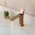 Rose gold single-handle bathroom faucet displayed on marble countertop with decorative succulent planter.