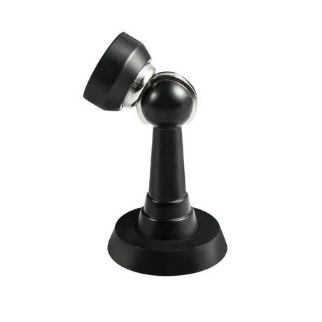 "Black magnetic door stop with a tilted head, isolated on a white background."