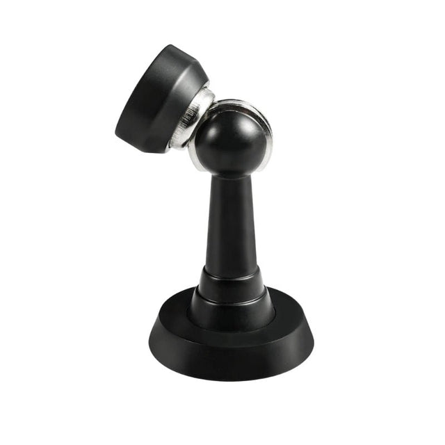 "Black magnetic door stop with a tilted head, isolated on a white background."