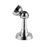"Chrome magnetic door stop with a tilted head, isolated on a white background."