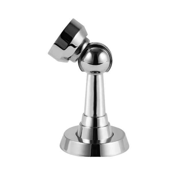 "Chrome magnetic door stop with a tilted head, isolated on a white background."