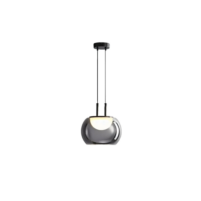 "Smoky grey Filano pendant light with smooth glass shade and iron frame, isolated on a white background."