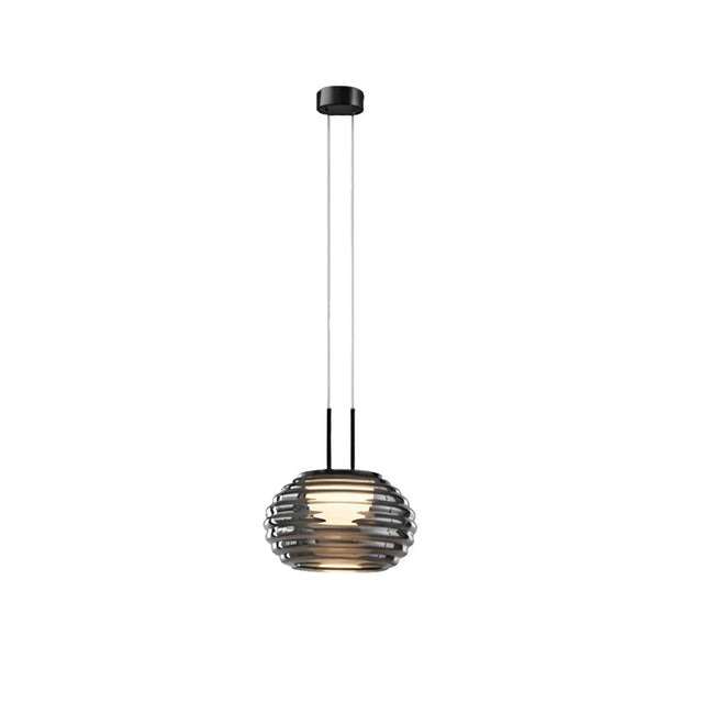 "Smoky grey Filano pendant light with ribbed glass shade and iron frame, isolated on a white background."