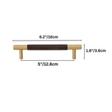 "Dimensions of a medium-sized modern wood and brass pull bar with cylindrical brass caps and a rich wooden core."