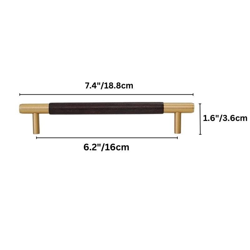 "Dimensions of a modern wood and brass pull bar with cylindrical brass caps and a rich wooden core."