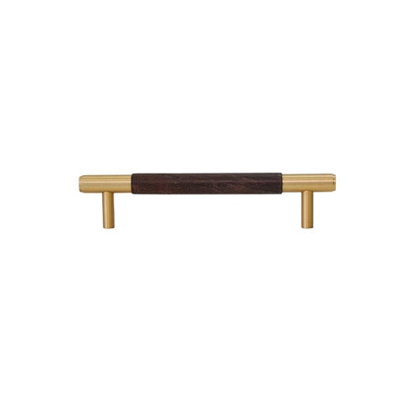 "Modern wood and brass pull bar with a rich wooden core and cylindrical brass caps, isolated on a white background."