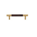 "Modern wood and brass pull bar with cylindrical brass caps and a rich wooden core, isolated on a white background."