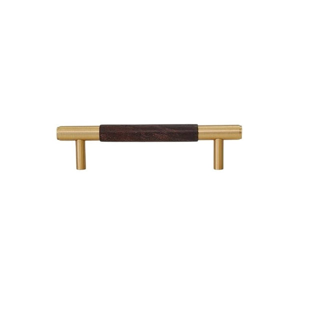 "Modern wood and brass pull bar with cylindrical brass caps and a rich wooden core, isolated on a white background."