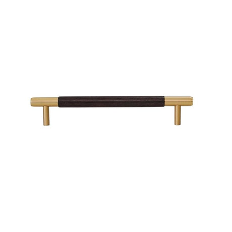 "Modern walnut wood and brass pull bar with cylindrical brass caps, isolated on a white background."