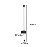 "Showing the dimensions (33.5"/85cm height, 3.9"/10cm width, 2.4"/6cm depth) of a modern wall lamp with a long, thin light bar and acrylic diffuser."