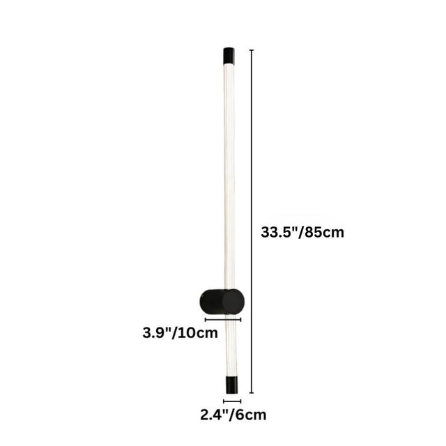 "Showing the dimensions (33.5"/85cm height, 3.9"/10cm width, 2.4"/6cm depth) of a modern wall lamp with a long, thin light bar and acrylic diffuser."
