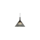 "A modern pendant light with a conical gray shade and black top, suspended by a thin black cord against a white background."