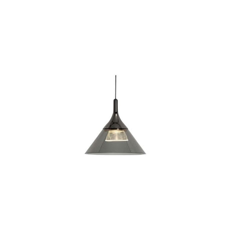 "A modern pendant light with a conical gray shade and black top, suspended by a thin black cord against a white background."