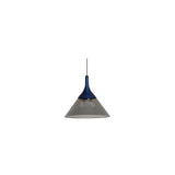 "A modern pendant light with a conical gray shade and blue top, suspended by a thin black cord against a white background."