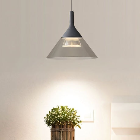 "A modern pendant light with a conical dark gray shade and top, hanging above a plant in a wooden planter."