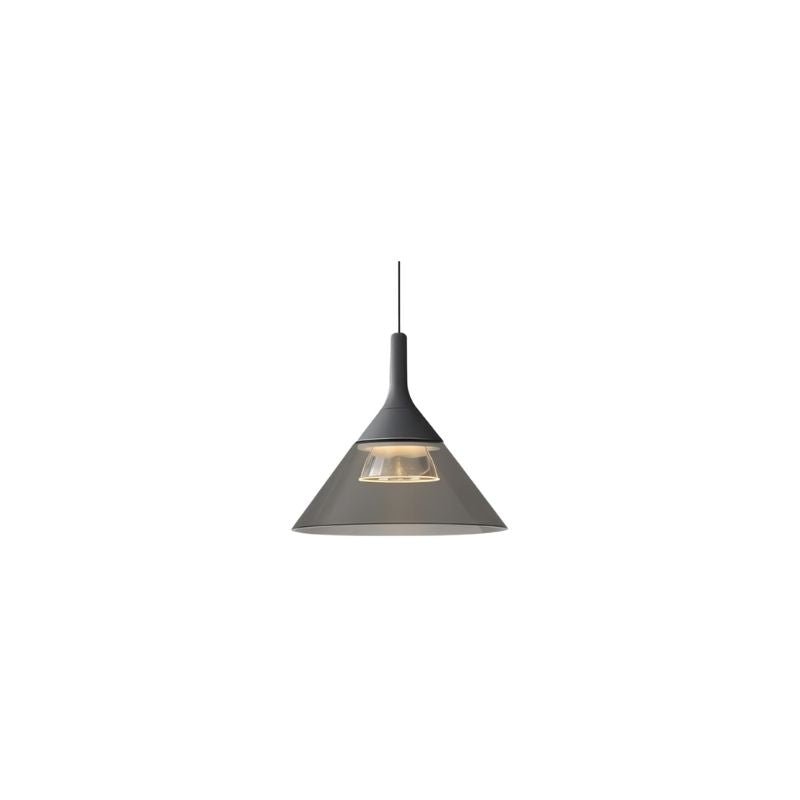 "A modern pendant light with a conical dark gray shade and top, suspended by a thin black cord against a white background."