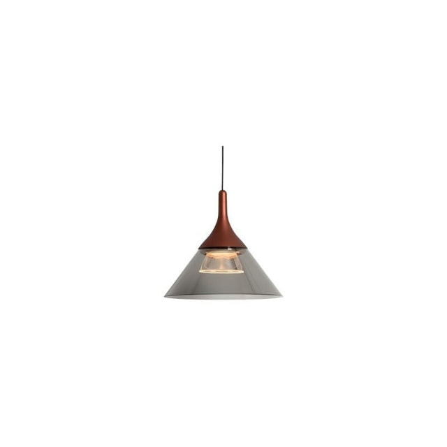 "A modern pendant light with a conical gray shade and rust-colored top, suspended by a thin black cord against a white background."
