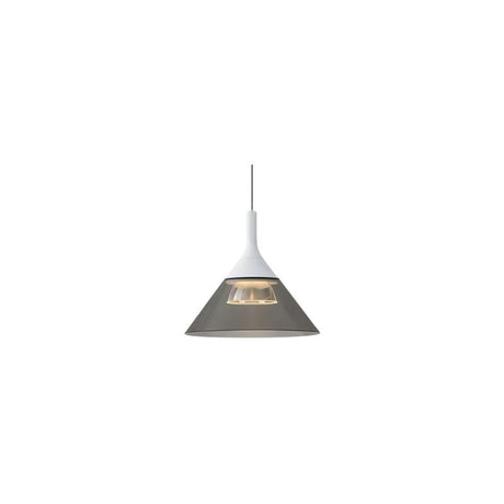 "A modern pendant light with a conical gray shade and white top, suspended by a thin black cord against a white background."