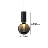 "Dimensions of a modern pendant light with a concrete rectangular top, metal accent, and smoky glass orb: 11.4 inches in height and 5.1 inches in diameter."