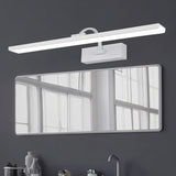 "A white LED vanity light mounted above a rectangular bathroom mirror with a sink and faucet."