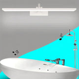"A white LED vanity light mounted above a modern bathtub with shower fixtures."