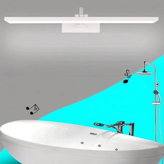 "A white LED vanity light mounted above a modern bathtub with shower fixtures."