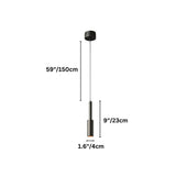 "Dimensions of a minimalist pendant light with a cylindrical brass or iron body: 59 inches in maximum height, 9 inches in length, and 1.6 inches in diameter."