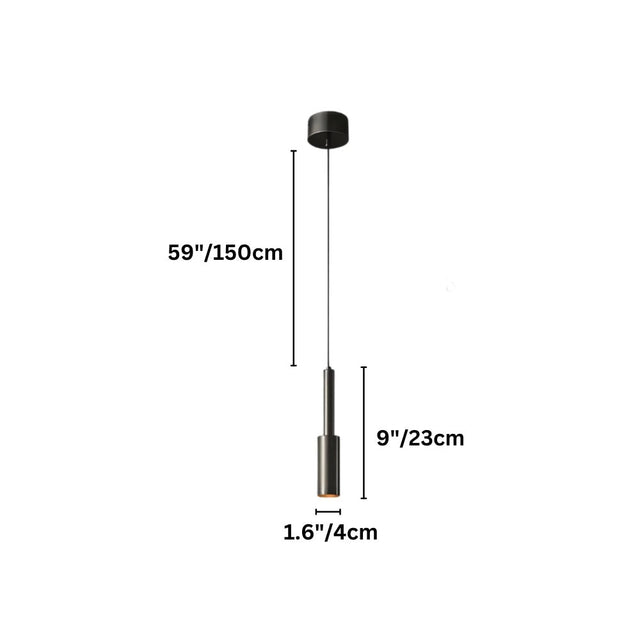 "Dimensions of a minimalist pendant light with a cylindrical brass or iron body: 59 inches in maximum height, 9 inches in length, and 1.6 inches in diameter."