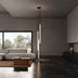 Modern black metal pendant chandelier with linear LED tubes in minimalist living room with gray sofa.
