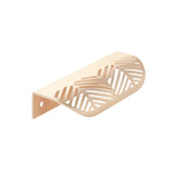 "A brushed gold leaf-shaped drawer pull at a slight angle on a white background."
