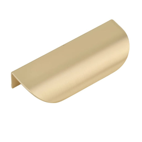 "A minimalist brushed gold drawer pull on a white background."