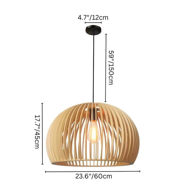 "Wooden pendant light with slatted dome design showing dimensions: 4.7 inches ceiling mount, 23.6 inches width, 17.7 inches height, and 59 inches hanging length."
