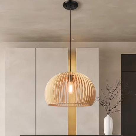 "Wooden pendant light with slatted dome design, featuring natural wood finish, perfect for creating a warm ambiance in modern and rustic spaces."