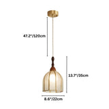 "Dimensions diagram of a handcrafted bell-shaped pendant light with stained glass panels and a copper framework, showing measurements."