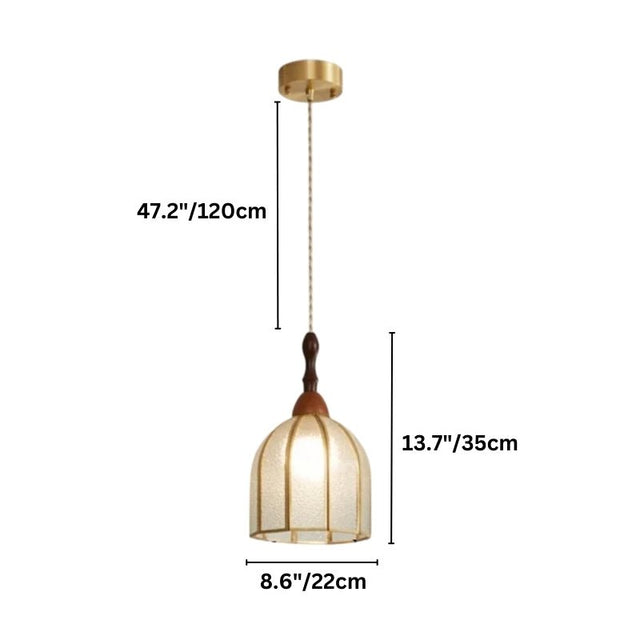 "Dimensions diagram of a handcrafted bell-shaped pendant light with stained glass panels and a copper framework, showing measurements."