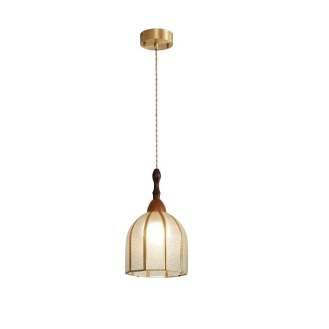 "Handcrafted bell-shaped pendant light with stained glass panels and a copper framework, blending classic and modern styles."