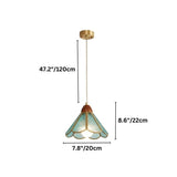 "Dimensions diagram of a handcrafted copper and glass pendant light with stained glass panels, showing measurements."