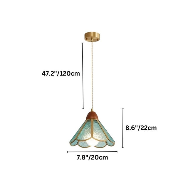 "Dimensions diagram of a handcrafted copper and glass pendant light with stained glass panels, showing measurements."