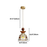 "Dimensions diagram of a handcrafted pendant light with heart-patterned stained glass panels and a copper framework, showing measurements."