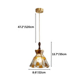 "Dimensions diagram of a handcrafted vintage-style pendant light with stained glass panels and a copper framework, showing measurements."