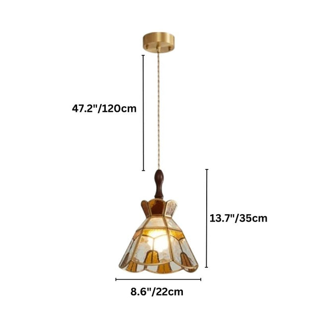 "Dimensions diagram of a handcrafted vintage-style pendant light with stained glass panels and a copper framework, showing measurements."