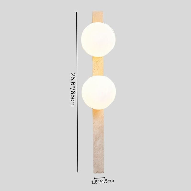 "Medium-sized travertine wall lamp with two frosted glass globes and dimensions of 65cm height and 4.5cm width"
