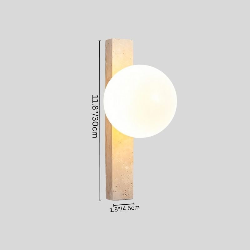 "Small travertine wall lamp with frosted glass globe and dimensions of 30cm height and 4.5cm width"