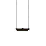 "Single-head modern linear pendant light with a dark frame and integrated LED lighting, suspended by thin cables."