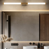 "A modern, linear LED vanity light illuminating a bathroom mirror and sink area."
