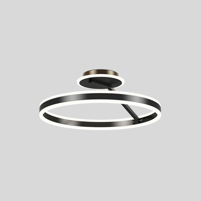 "A modern LED ceiling light with interlocking black rings, shown against a light gray background."