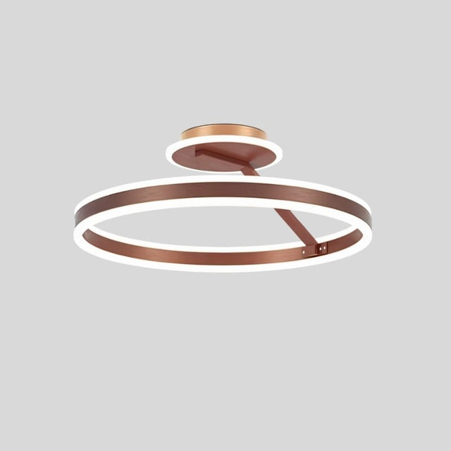 "A modern LED ceiling light with interlocking copper rings, shown against a light gray background."