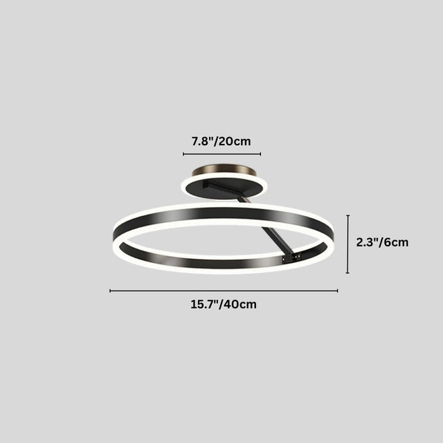 "A modern LED ceiling light with interlocking rings, shown with dimensions of 15.7 inches in diameter and 7.8 inches in base diameter."
