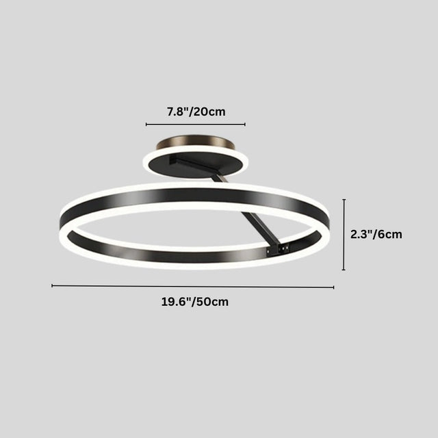 "A modern LED ceiling light with interlocking rings, shown with dimensions of 19.6 inches in diameter and 7.8 inches in base diameter."