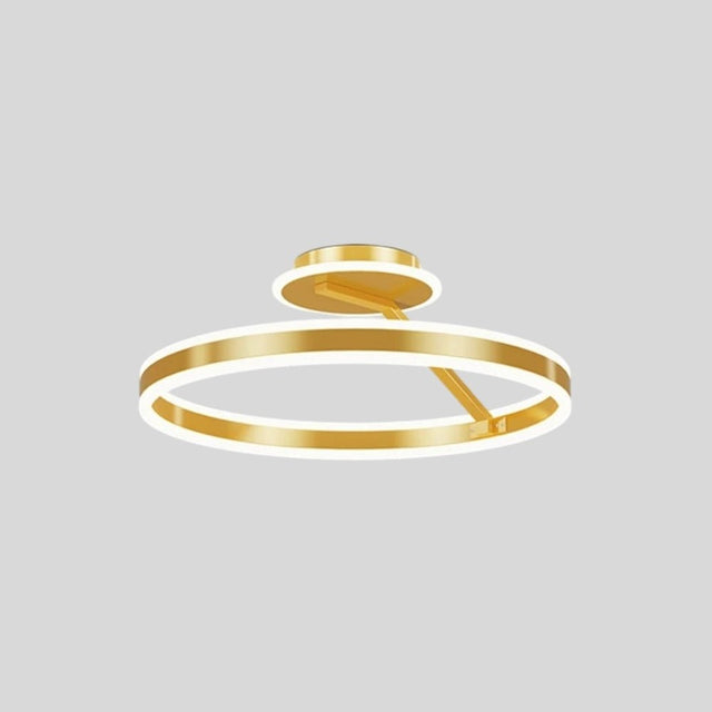 "A modern LED ceiling light with interlocking gold rings, shown against a light gray background."